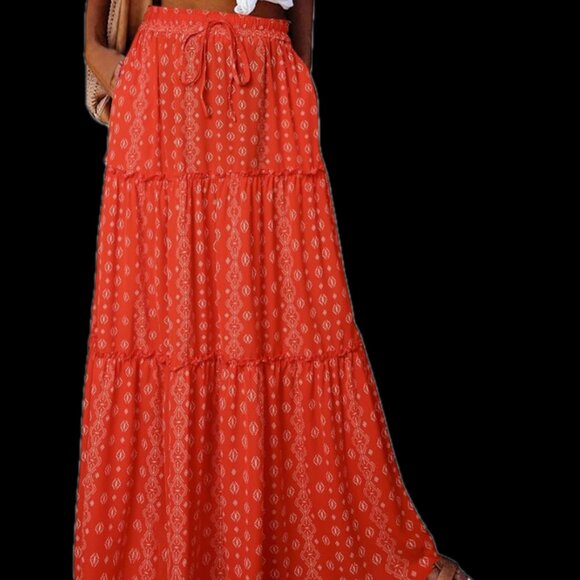 EARKOHA Women's‎ S Boho Tiered High Waist Tie Paisley Floral Print Red Long Maxi - Picture 8 of 10